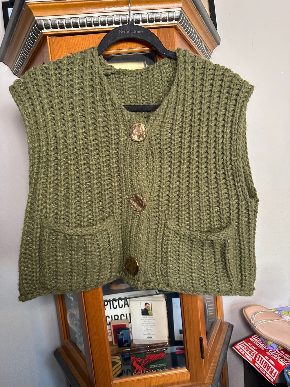 Olive Green Chunky Knit Button Vest -
